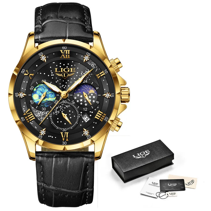 LIGE Kreative Sternennacht Herrenarmbanduhr Mondphasenanzeige Quarz Herrenuhr