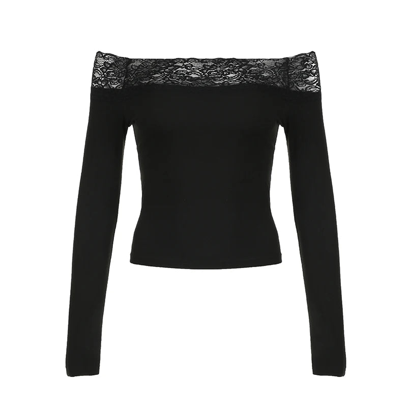 Schwarzes Top mit Spitzenbesatz und Slash-Ausschnitt, elegant, sexy, Langarm-Shirt für Damen