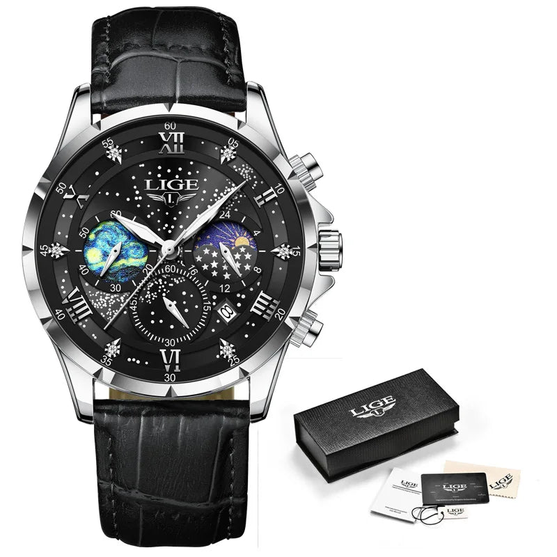 LIGE Kreative Sternennacht Herrenarmbanduhr Mondphasenanzeige Quarz Herrenuhr
