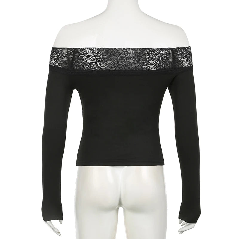 Vintage Print Slash Neck T-Shirt für Frauen Goth Dark Slim-Fit mit Spitze Top Langarm