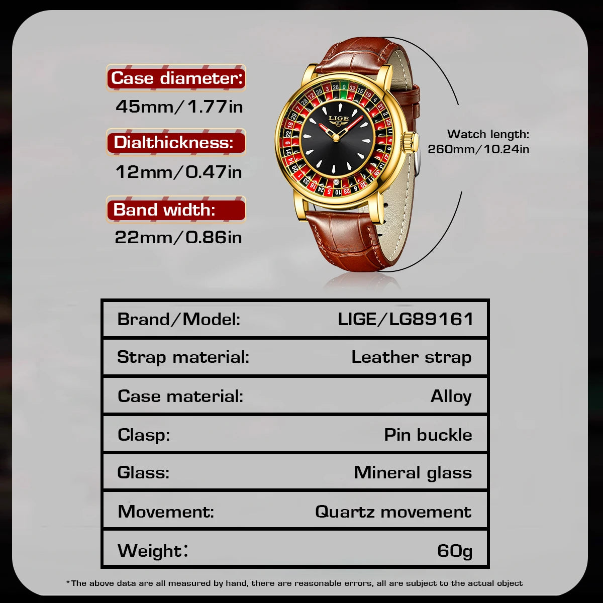 LIGE Armbanduhr Leder Roulette Zifferblatt, verschiedene Farbvarianten