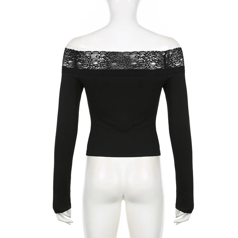 Schwarzes Top mit Spitzenbesatz und Slash-Ausschnitt, elegant, sexy, Langarm-Shirt für Damen