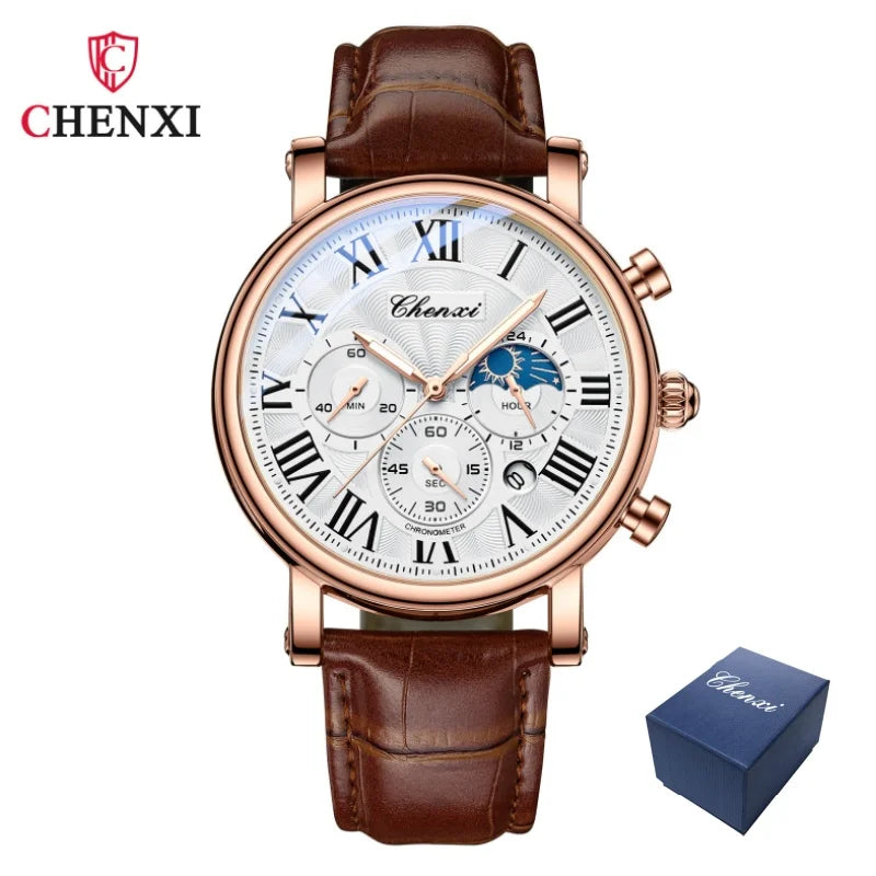 CHENXI 973 Herren-Armbanduhr, multifunktional, Mondphase, Datum, römisches Zifferblatt, Leder