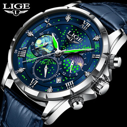 LIGE Kreative Sternennacht Herrenarmbanduhr Mondphasenanzeige Quarz Herrenuhr