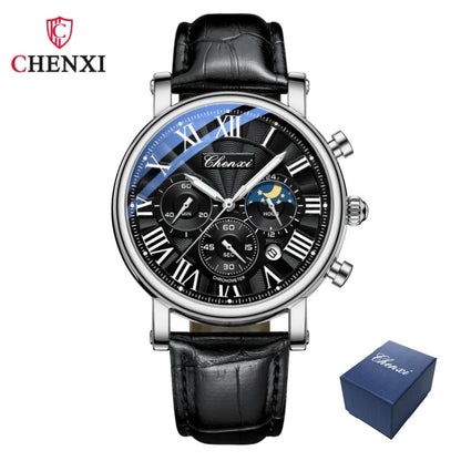 CHENXI 973 Herren-Armbanduhr, multifunktional, Mondphase, Datum, römisches Zifferblatt, Leder