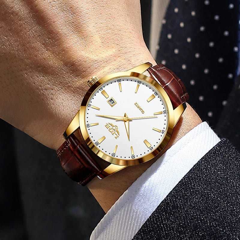 Sportlich, elegante Armbanduhr für Herren von LIGE, braunes Lederarmband, Wasserdicht