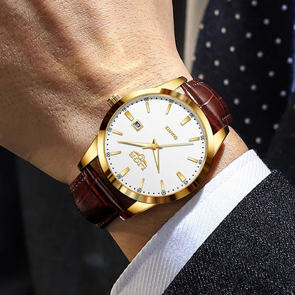 Sportlich, elegante Armbanduhr für Herren von LIGE, braunes Lederarmband, Wasserdicht