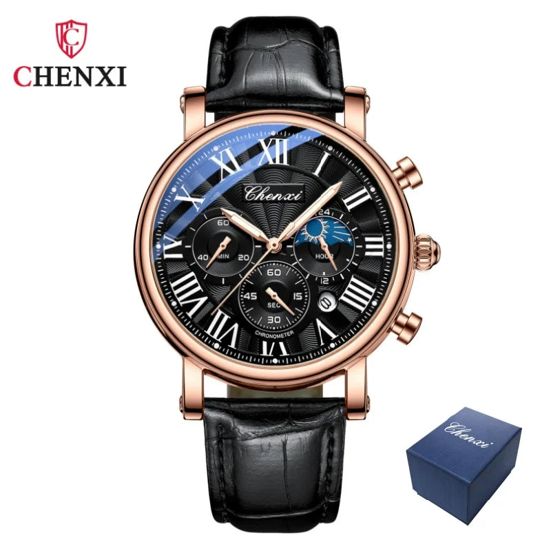 CHENXI 973 Herren-Armbanduhr, multifunktional, Mondphase, Datum, römisches Zifferblatt, Leder