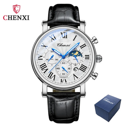 CHENXI 973 Herren-Armbanduhr, multifunktional, Mondphase, Datum, römisches Zifferblatt, Leder