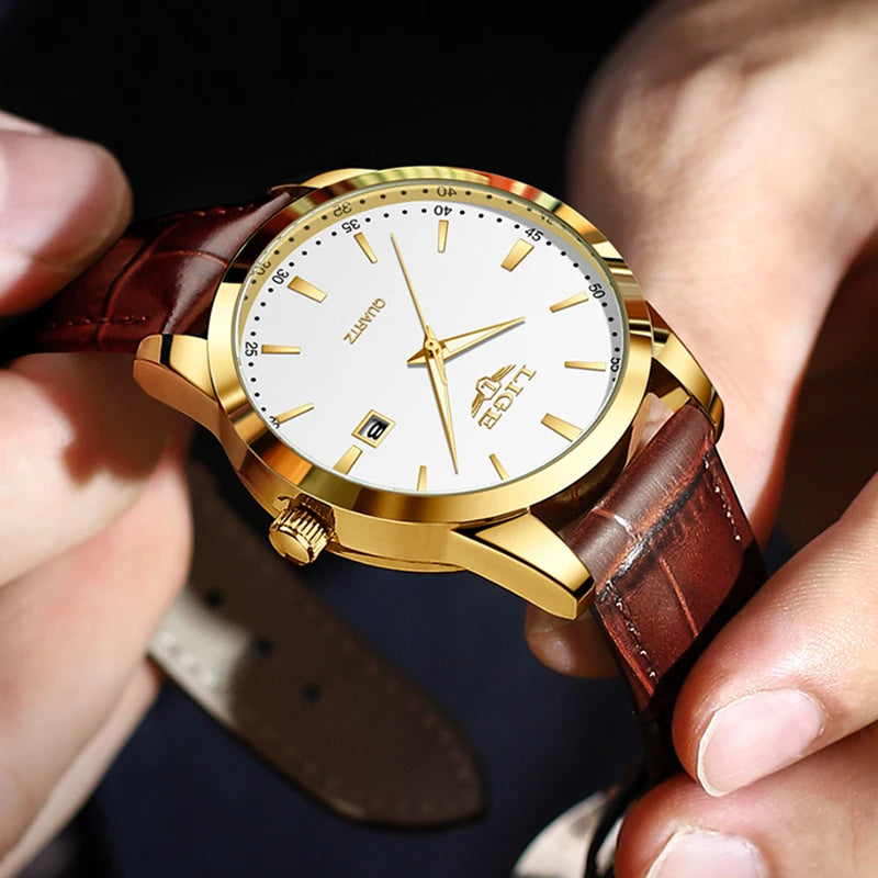 Sportlich, elegante Armbanduhr für Herren von LIGE, braunes Lederarmband, Wasserdicht