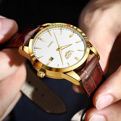 Sportlich, elegante Armbanduhr für Herren von LIGE, braunes Lederarmband, Wasserdicht