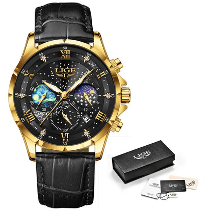 LIGE Kreative Sternennacht Herrenarmbanduhr Mondphasenanzeige Quarz Herrenuhr