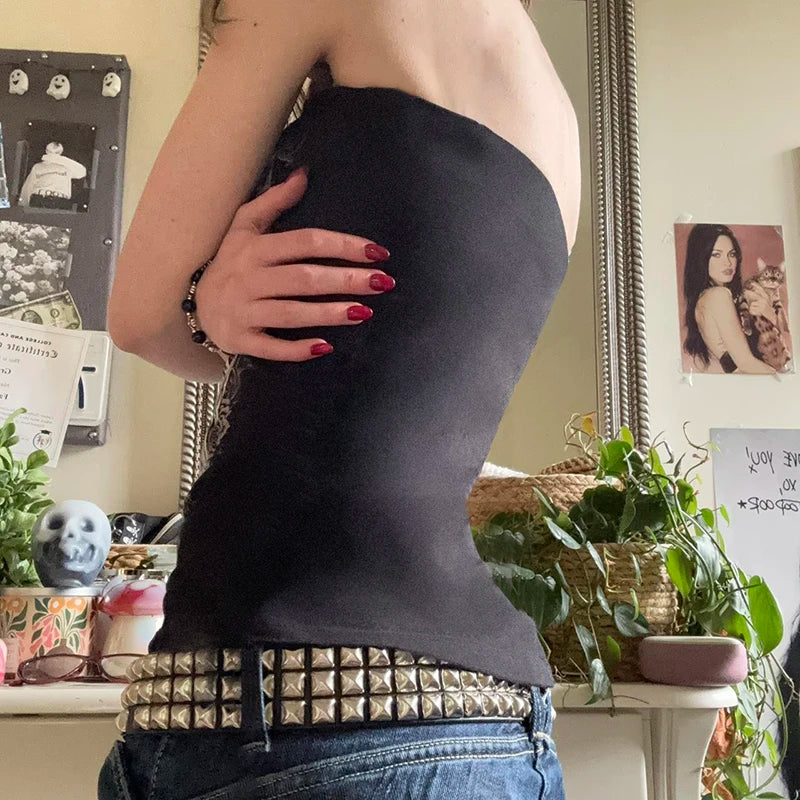 Trägerloses Top mit Gothic Print schwarz Sommer Trend