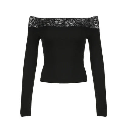 Schwarzes Top mit Spitzenbesatz und Slash-Ausschnitt, elegant, sexy, Langarm-Shirt für Damen
