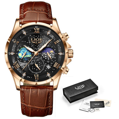 LIGE Kreative Sternennacht Herrenarmbanduhr Mondphasenanzeige Quarz Herrenuhr