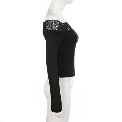 Schwarzes Top mit Spitzenbesatz und Slash-Ausschnitt, elegant, sexy, Langarm-Shirt für Damen