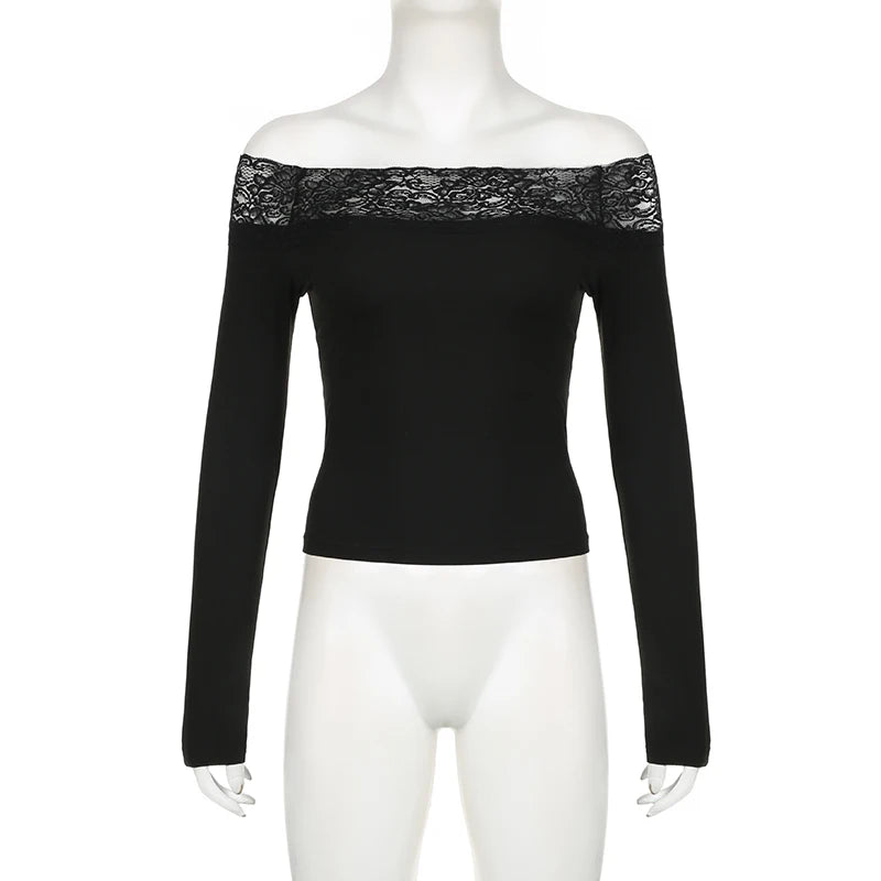 Schwarzes Top mit Spitzenbesatz und Slash-Ausschnitt, elegant, sexy, Langarm-Shirt für Damen