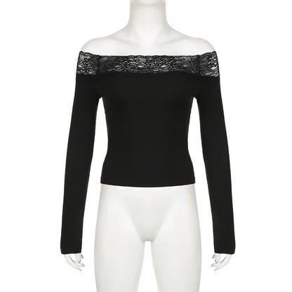 Schwarzes Top mit Spitzenbesatz und Slash-Ausschnitt, elegant, sexy, Langarm-Shirt für Damen