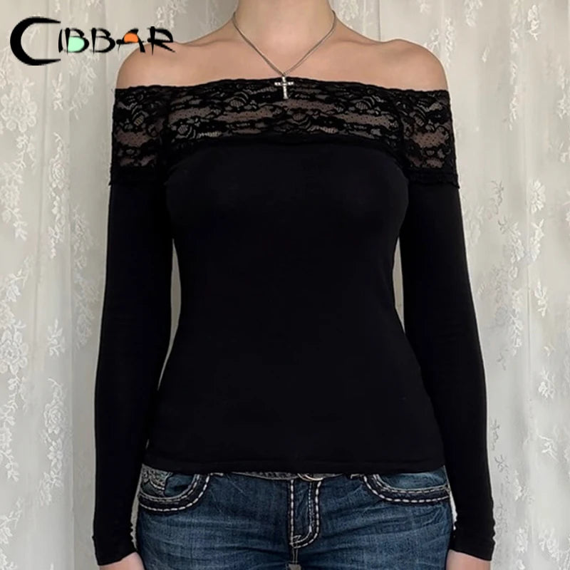 Schwarzes Top mit Spitzenbesatz und Slash-Ausschnitt, elegant, sexy, Langarm-Shirt für Damen