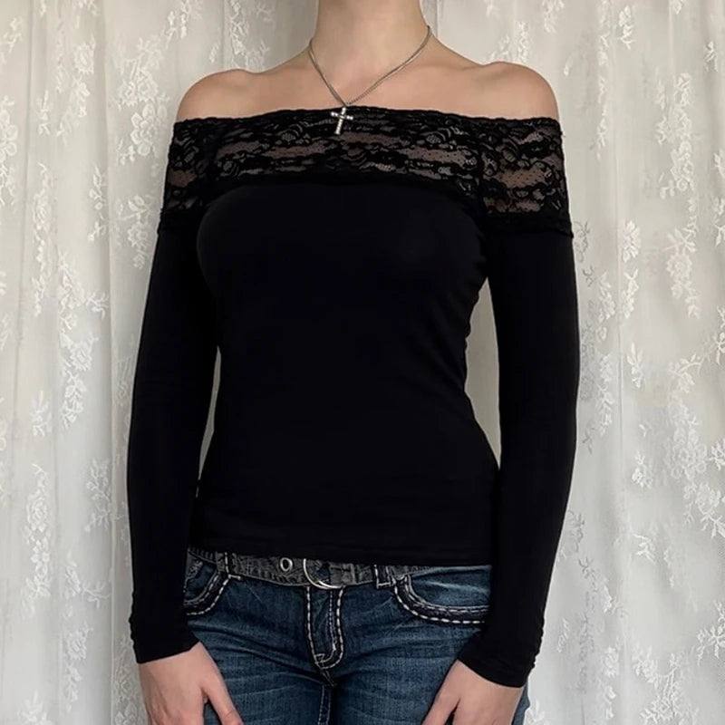 Schwarzes Top mit Spitzenbesatz und Slash-Ausschnitt, elegant, sexy, Langarm-Shirt für Damen
