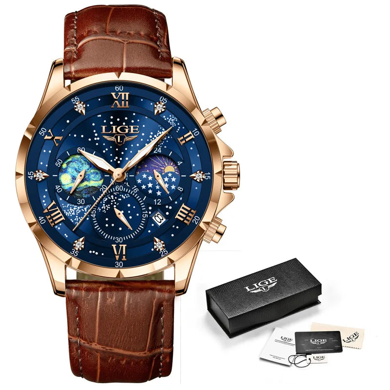 LIGE Kreative Sternennacht Herrenarmbanduhr Mondphasenanzeige Quarz Herrenuhr