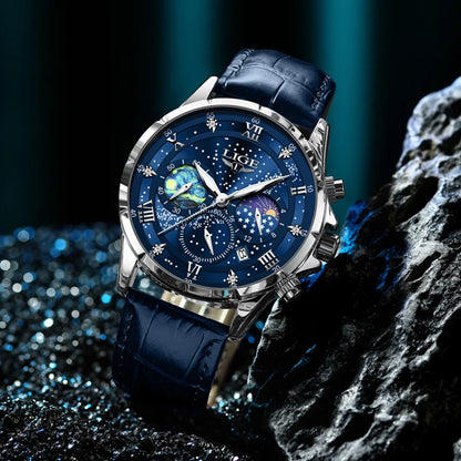 LIGE Kreative Sternennacht Herrenarmbanduhr Mondphasenanzeige Quarz Herrenuhr