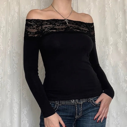 Schwarzes Top mit Spitzenbesatz und Slash-Ausschnitt, elegant, sexy, Langarm-Shirt für Damen