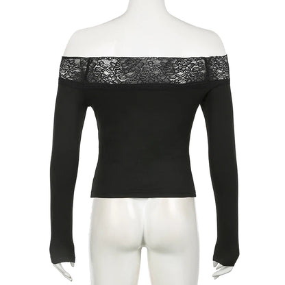 Vintage Print Slash Neck T-Shirt für Frauen Goth Dark Slim-Fit mit Spitze Top Langarm