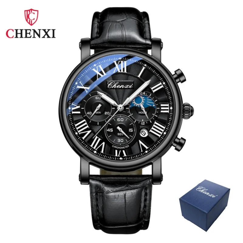 CHENXI 973 Herren-Armbanduhr, multifunktional, Mondphase, Datum, römisches Zifferblatt, Leder