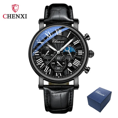 CHENXI 973 Herren-Armbanduhr, multifunktional, Mondphase, Datum, römisches Zifferblatt, Leder