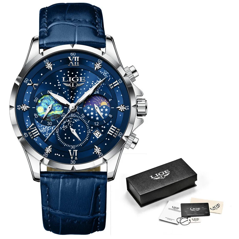 LIGE Kreative Sternennacht Herrenarmbanduhr Mondphasenanzeige Quarz Herrenuhr