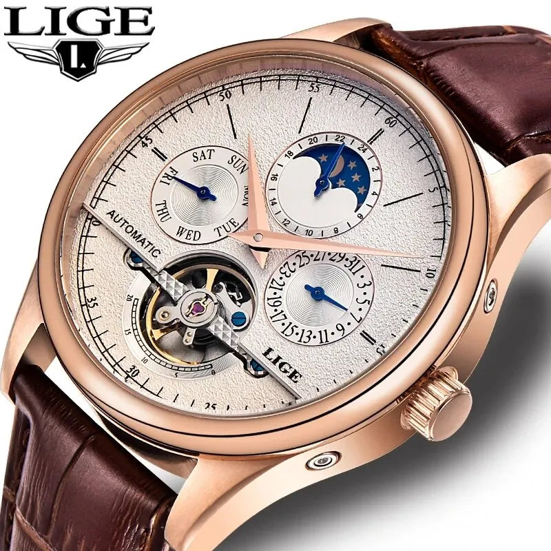LIGE Herrenuhren Automatische Mechanische Uhr Tourbillon Uhr Echtes Leder Wasserdichte Uhr Männer Armbanduhr Mann