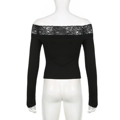 Schwarzes Top mit Spitzenbesatz und Slash-Ausschnitt, elegant, sexy, Langarm-Shirt für Damen