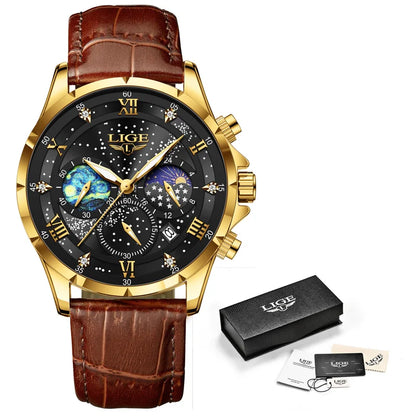 LIGE Kreative Sternennacht Herrenarmbanduhr Mondphasenanzeige Quarz Herrenuhr